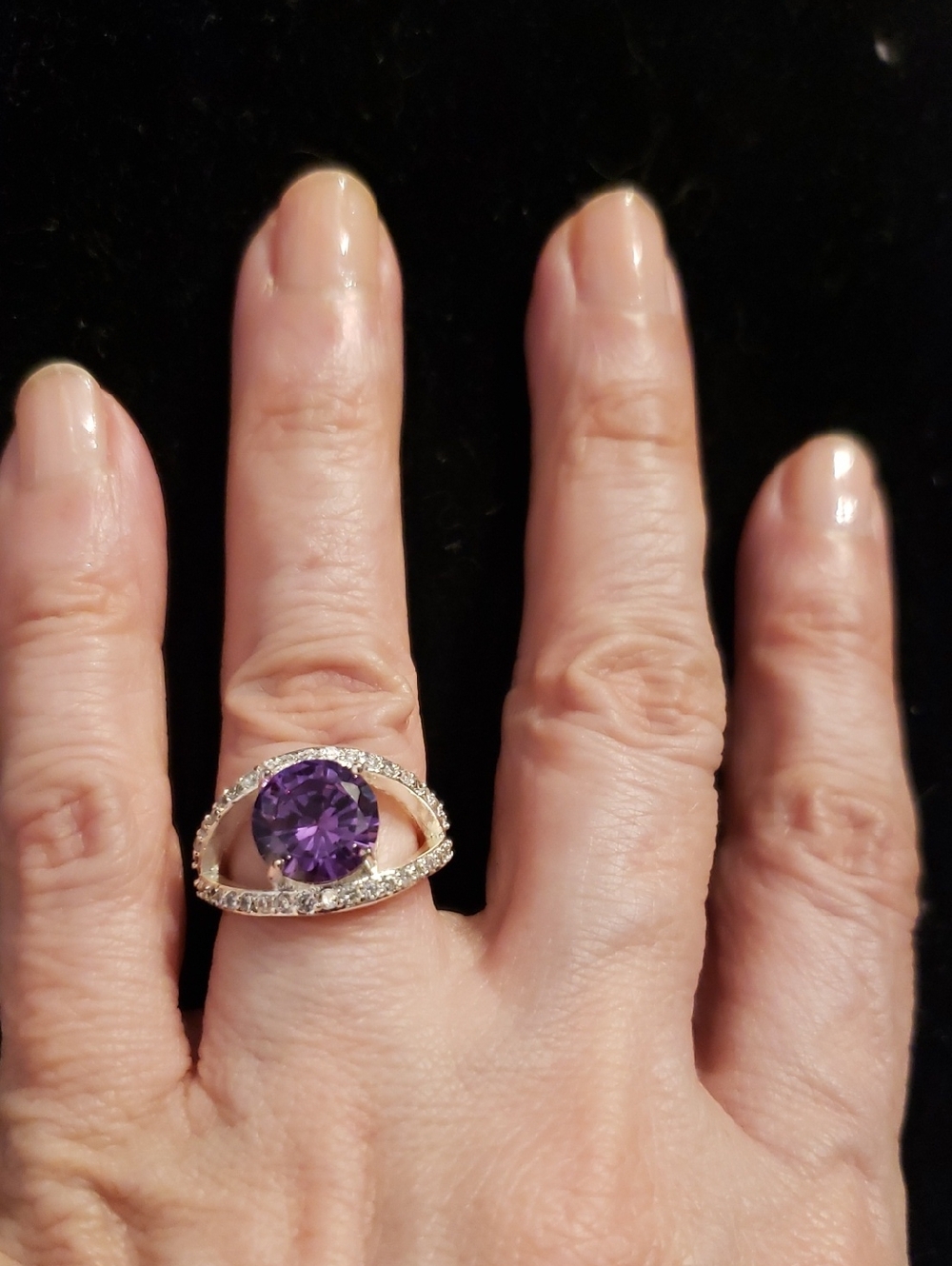 NEW Amethyst Silver Ring, Big Round Center Stone, Bands Of White Gems, Sz 6, WOW
